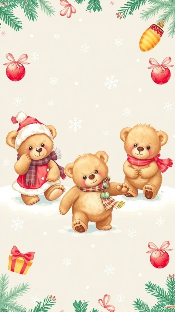 Cute teddy bear Christmas wallpaper with winter-themed decorations.